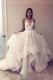A Line Tulle Appliques Long Prom Dresses Open Back Cheap Wedding Dress OKH86