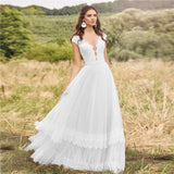 Rustic Tiered Lace Tulle Ling Bridal Gowns A-line V Neck Cap Sleeves Wedding Dress OKY92