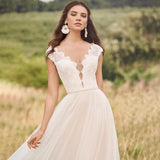 Rustic Tiered Lace Tulle Ling Bridal Gowns A-line V Neck Cap Sleeves Wedding Dress OKY92