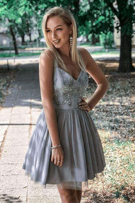 A-Line Straps Above-Knee Gray Homecoming Dresses with Appliques OKN98