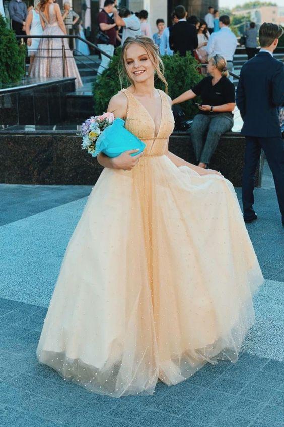 Elegant A-Line V Neck Tulle Long Prom Dress with Pearls Evening Party Dress OKZ60