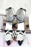White Lace Ankle Strap Pointed Toe Black Women Shoes S52