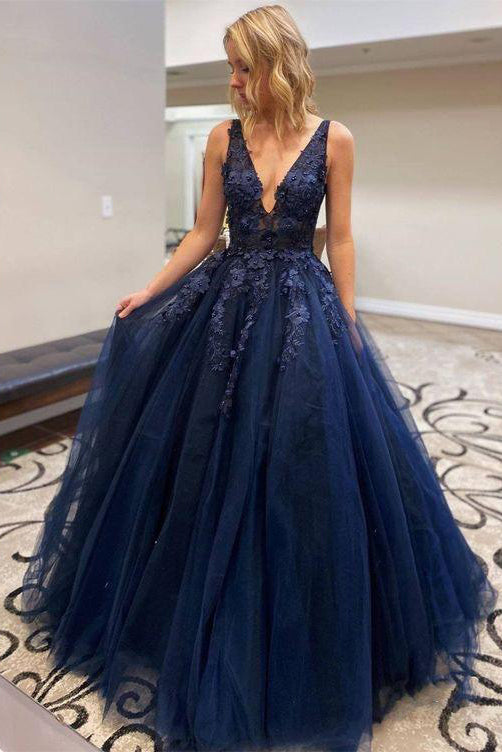 Stylish V Neck Beaded Navy Blue Lace Appliques Tulle A-line Prom Dress OKY12