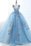 Ball Gown Long Sky Blue Butterfly V Neck Prom Dresses,Quinceanera Dresses OKE79