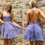 Purple Beaded A-line Spaghetti Straps Lace Appliques Short Homecoming Dress OKZ62