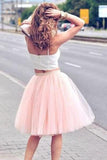 Two Piece Pink Spaghetti-Strap Tulle Sleeveless White Top Homecoming Dress OK294