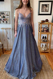 Sparkly Spaghetti Straps V-neck Prom Dress Lace Top Evening Dress Long Womens Dress OK1209