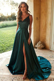 Simple A Line Satin Green Spaghetti Straps Long Prom Dresses with Slit OK1726