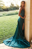 Simple A Line Satin Green Spaghetti Straps Long Prom Dresses with Slit OK1726