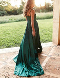 Simple A Line Satin Green Spaghetti Straps Long Prom Dresses with Slit OK1726