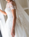 Charming White Lace Sheer Neck A-line Scoop Backless Long Wedding Dress with Appliques OKY64