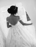 Charming White Lace Sheer Neck A-line Scoop Backless Long Wedding Dress with Appliques OKY64