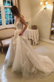 Vintage Rustic A-line Tulle V-neck Beaded Lace Appliques Wedding Dresses Bridal Gown OK1674