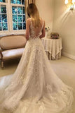 Vintage Rustic A-line Tulle V-neck Beaded Lace Appliques Wedding Dresses Bridal Gown OK1674