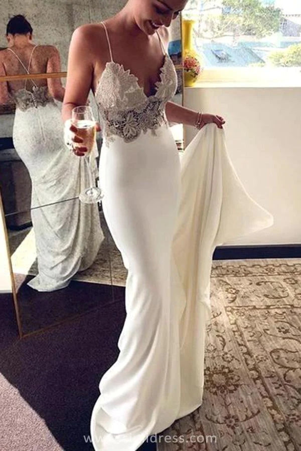 Soft Satin Boho Bridal Dress Mermaid Spaghetti Straps Lace V Neck Beach Wedding Dresses OK1675