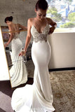 Soft Satin Boho Bridal Dress Mermaid Spaghetti Straps Lace V Neck Beach Wedding Dresses OK1675