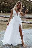 Boho Chiffon A-line V-neck Lace Spaghetti Straps Beach Wedding Dresses Bridal Dress OK1680