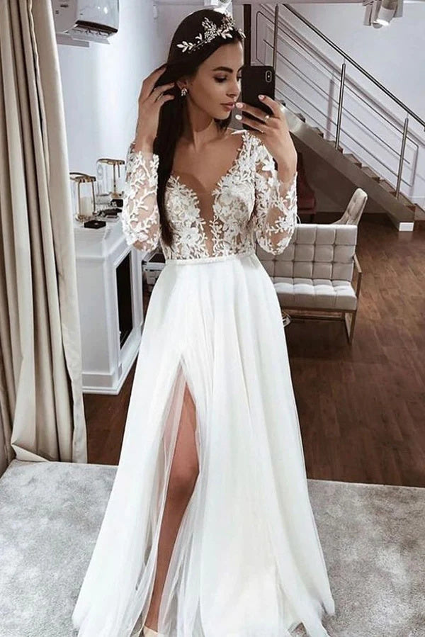 Lace Top Long Sleeves A-line V-neck Open Back Wedding Dress with Slit OK1678