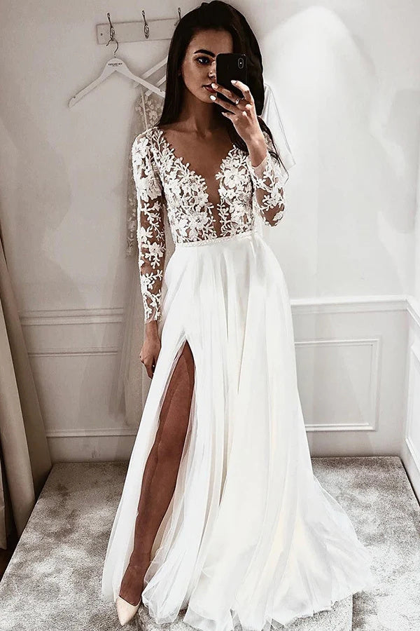 Lace Top Long Sleeves A-line V-neck Open Back Wedding Dress with Slit OK1678