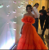 Orange Ruffles Tulle Evening Party Dress Strapless Tiered Long Prom Dress OKW75