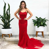 Sexy Red Long Mermaid Appliques Prom Dress Spaghetti Straps Tulle Evening Gown OKW70