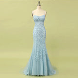 Sky Blue Long Mermaid Lace Appliques Prom Dress With Rhinestones OKW66