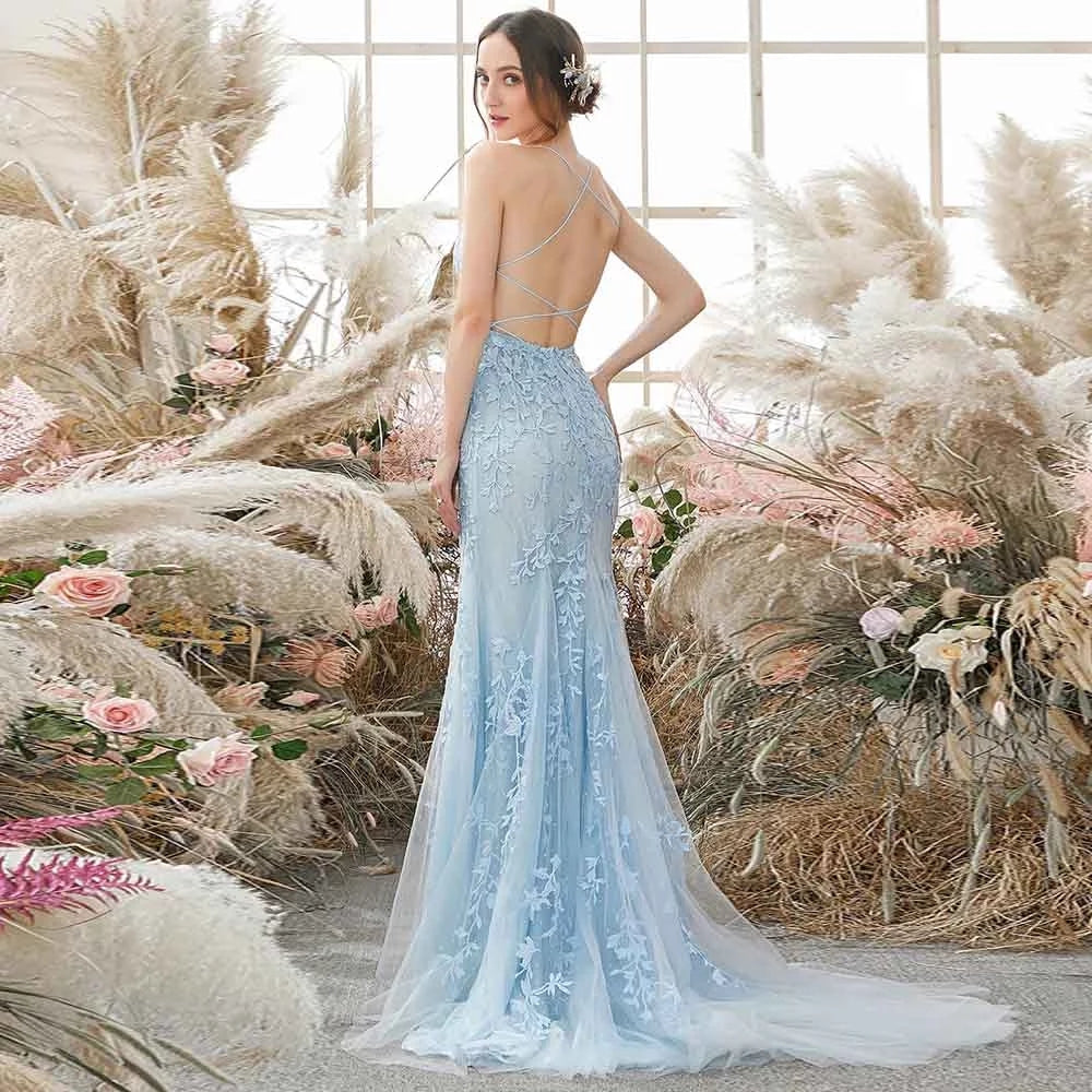 Sky Blue Long Mermaid Lace Appliques Prom Dress With Rhinestones OKW66