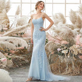 Sky Blue Long Mermaid Lace Appliques Prom Dress With Rhinestones OKW66