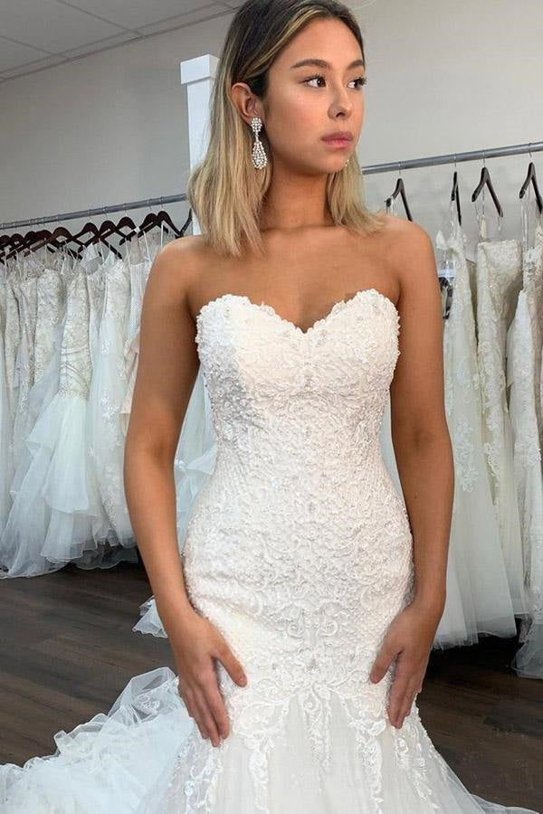 Sexy Lace Mermaid Sweetheart Wedding Dress With Ruffles, Bridal Gown OK1884