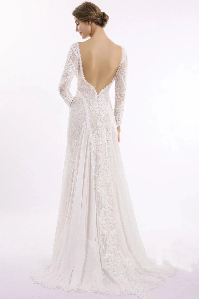 Elegant Lace Bridal Dress, Long Sleeves Backless Beach Wedding Dress OKN91
