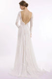 Elegant Lace Bridal Dress, Long Sleeves Backless Beach Wedding Dress OKN91