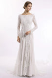 Elegant Lace Bridal Dress, Long Sleeves Backless Beach Wedding Dress OKN91