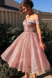 Shiny Off Shoulder Pink Short Prom Dress A-line Formal Graduation Homecoming Dress OKY24