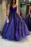 Shiny V Neck Spaghetti Straps Long Prom Dress Bling Bling A-line Formal Evening Dress OKX13