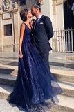 Shiny A-line V Neck Navy Blue Backless Prom Dress  V Back Navy Formal Evening Dress OKT36