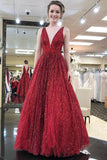 Charming Burgundy V Neck Sleeveless Sequin Prom Dress A Line Formal Party Dress OKI56