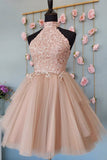 High Neck Pink Lace Top Prom Dress Short Pink Formal Homecoming Dress OKY29