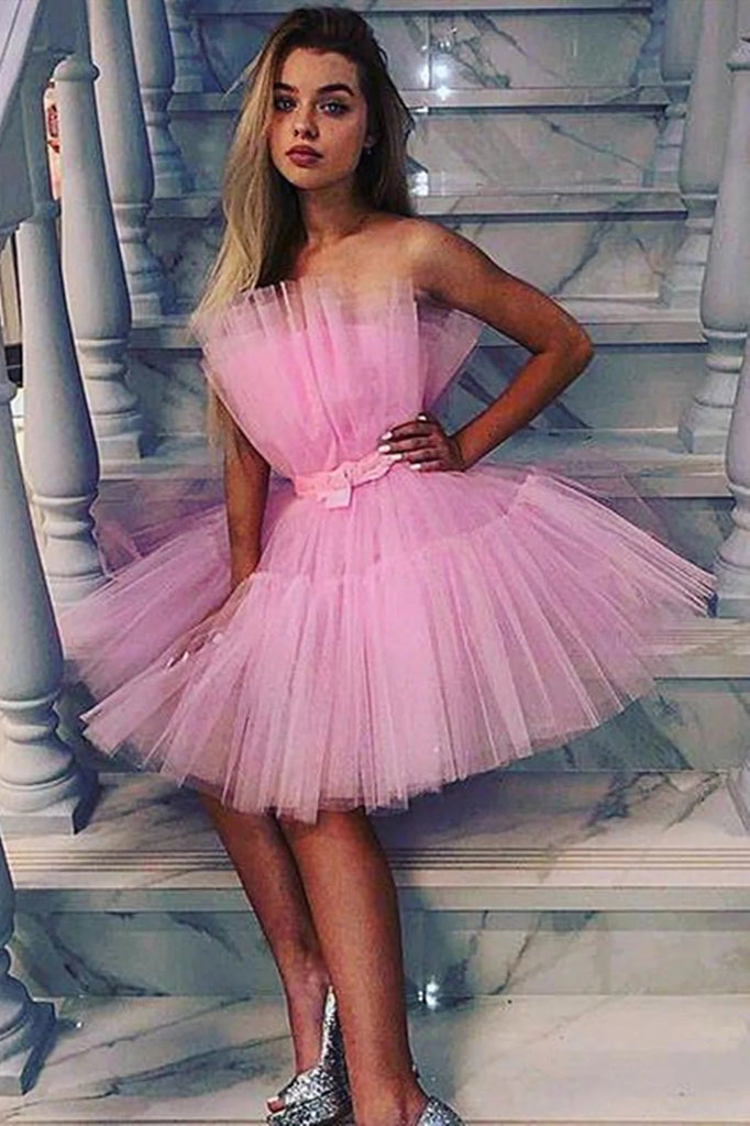 Short Light Pink Prom Dress A line Tulle Graduation Homecoming Dress O Okdresses