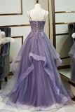 Charming Tulle A-line V-neck Spaghetti Straps Long Prom Dress With Lace Appliques OKX36