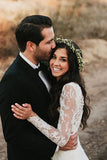 Chic Lace Long Sleeves Mermaid V-neck Open Back Beach Wedding Dresses OK1677