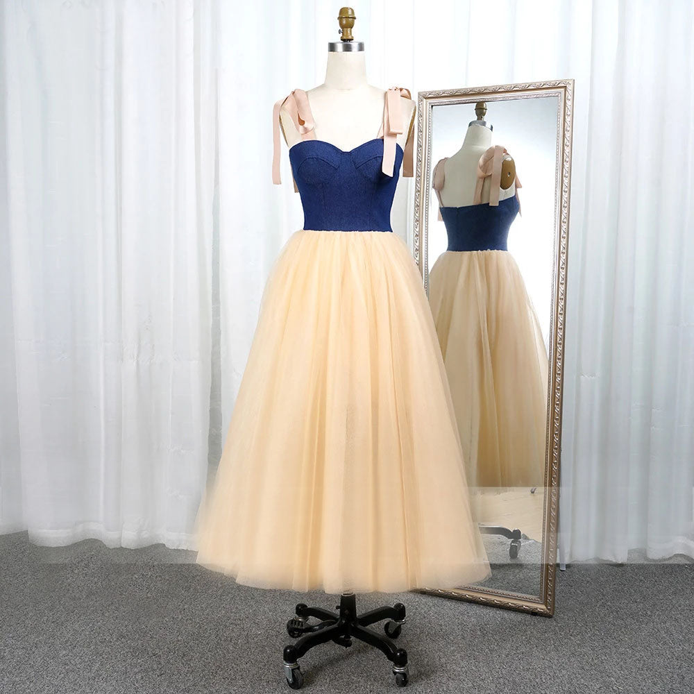 Chic Strapless Spaghetti Straps Prom Dress Tulle Tea Length Evening Dress OKW46