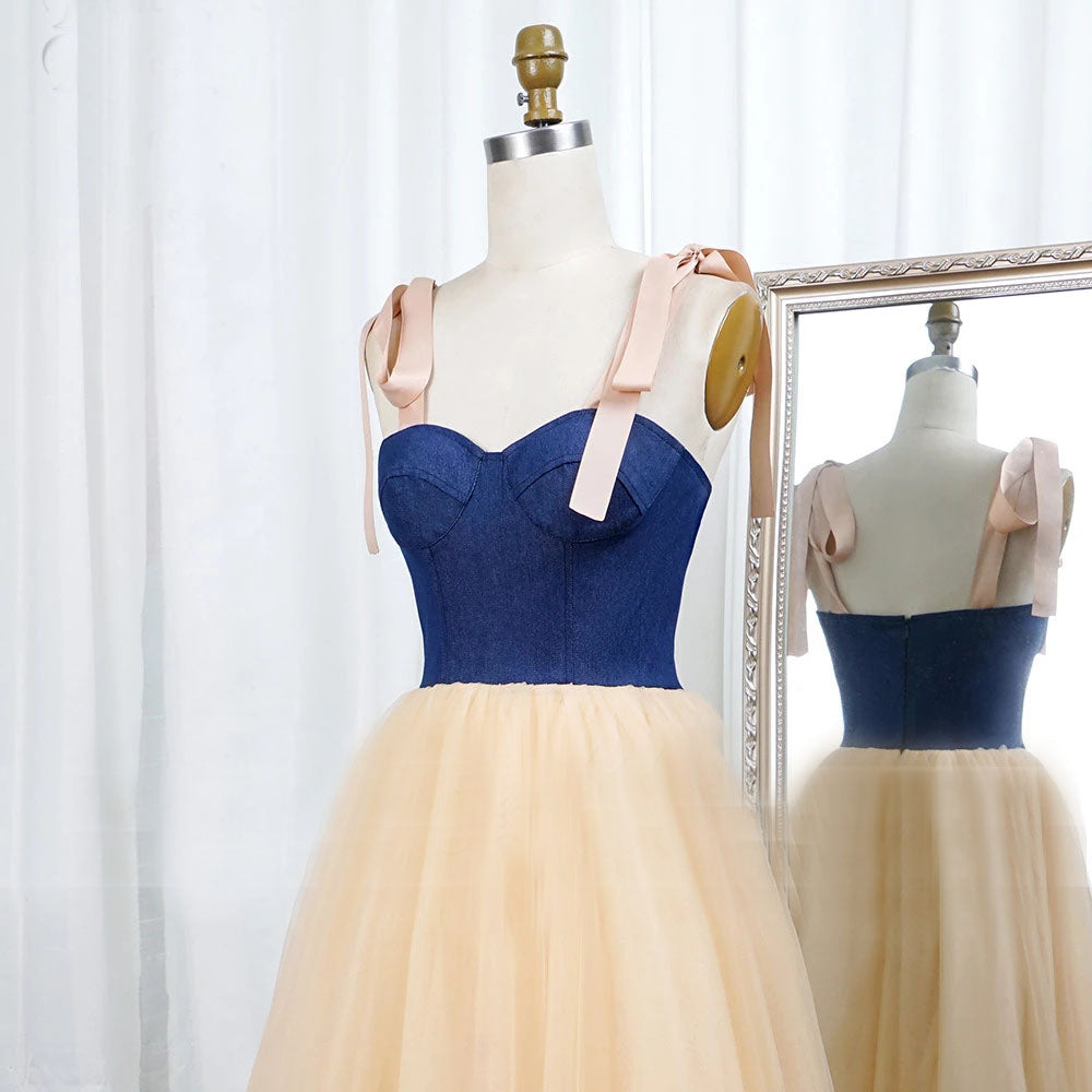 Chic Strapless Spaghetti Straps Prom Dress Tulle Tea Length Evening Dress OKW46
