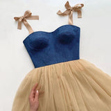 Chic Strapless Spaghetti Straps Prom Dress Tulle Tea Length Evening Dress OKW46