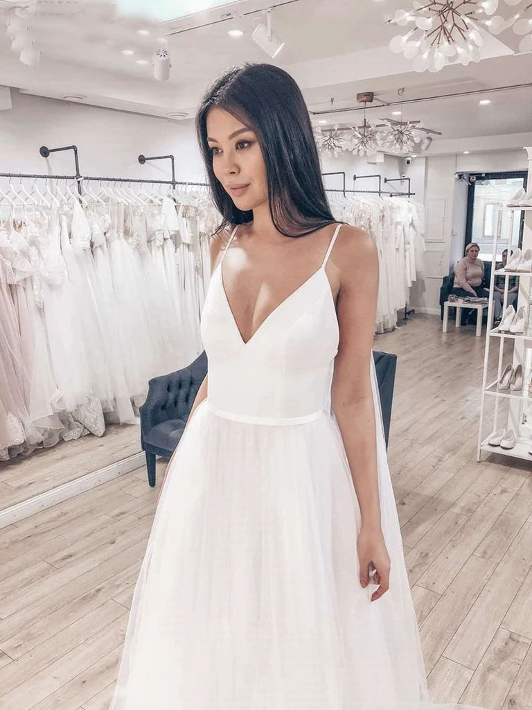 Tulle A-line Wedding Dress V-Neck Spaghetti Straps Lace Applique Chape –  Okdresses