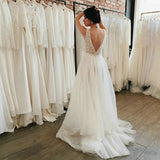 Tulle Beach Wedding Dress Deep V-Neck Lace A-line Bridal Dress Boho Wedding Gown OKW22