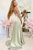 Simple Sage Green A-line Cowl Neck Prom Dresses with Slit, Formal Evening Dress OK1724