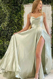 Simple Sage Green A-line Cowl Neck Prom Dresses with Slit, Formal Evening Dress OK1724