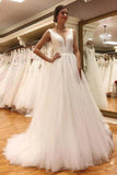 Simple V Neck V Back Off White Tulle Long Bridal Dresses, A Line Wedding Dresses OK1729