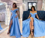 Sky Blue Prom Dress Sexy V-neck Off shoulder High Split A-line Evening Dress OKW76