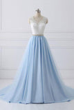 Sky Blue Long V Neck Evening Dresses with Beaded Belt,Lace Top Long Prom Dress OK980